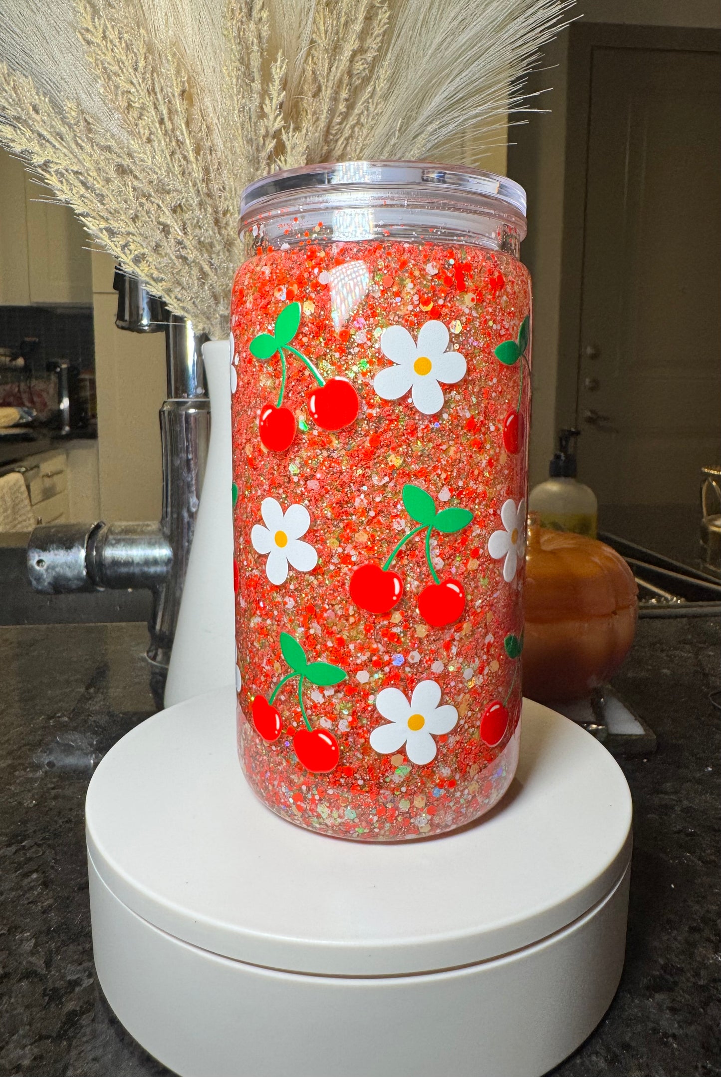 Cherry bows and white flowers glitter cup